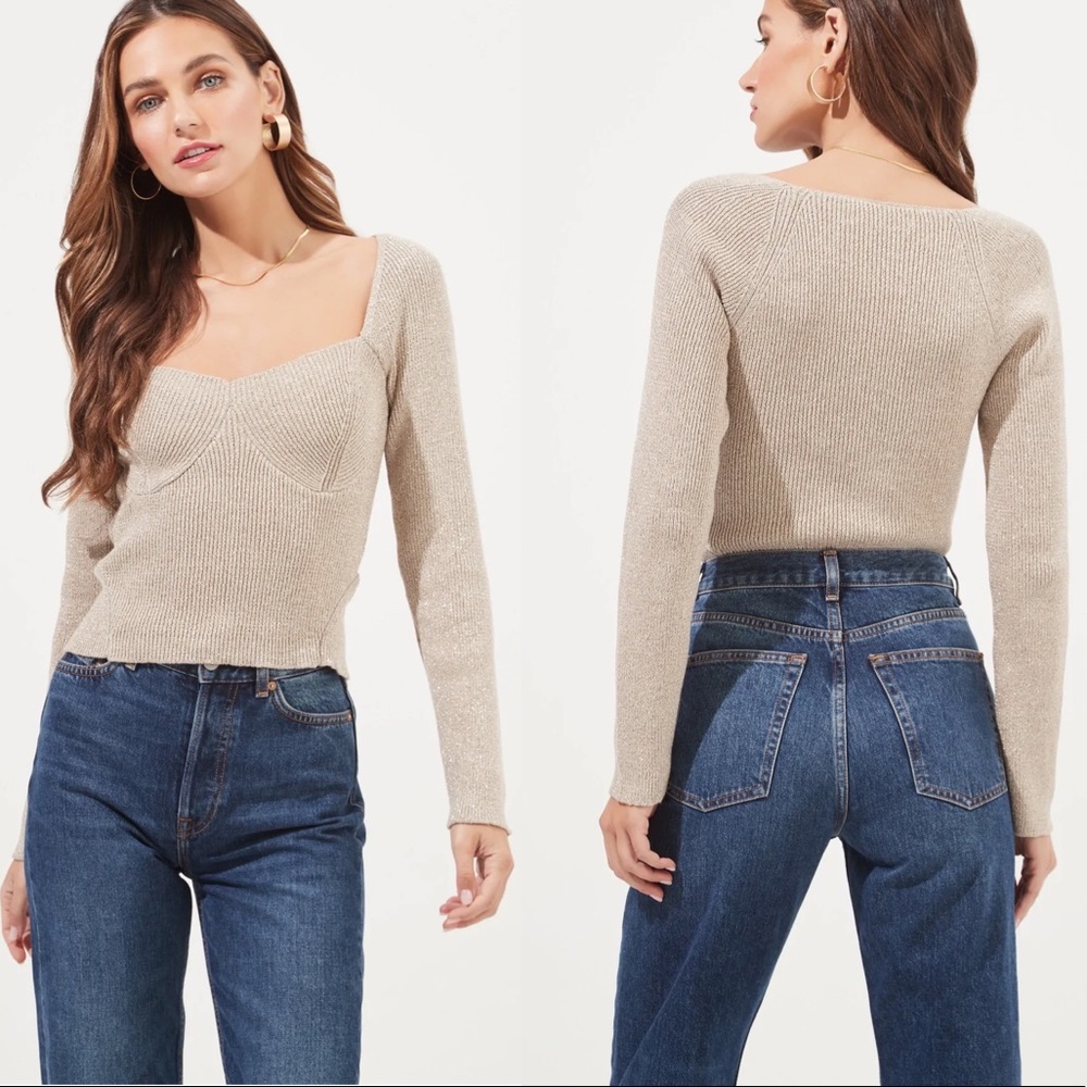 Astr Metallic Cream Knit Sweetheart Neck Sweater